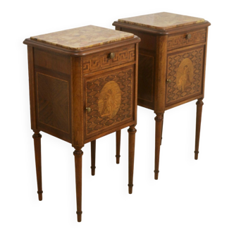 Pair of marquetry bedside tables decorated in marble façade Brèche d'Aleppo. Ref Toulouse.