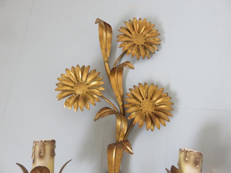 Series of 3 flower appliques "sunflowers" in 70s gold metal
