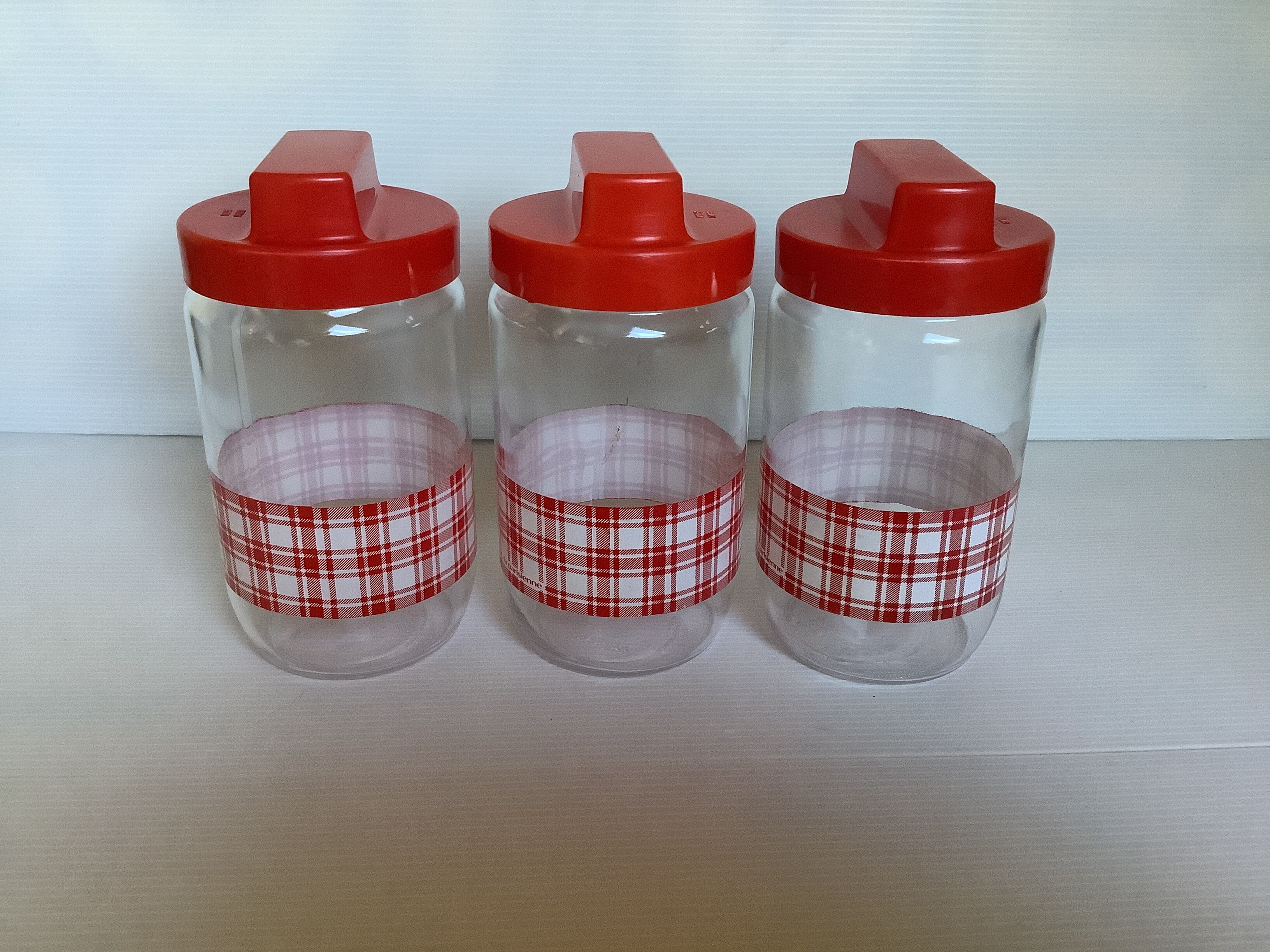 3 jars red and white dish towel pattern