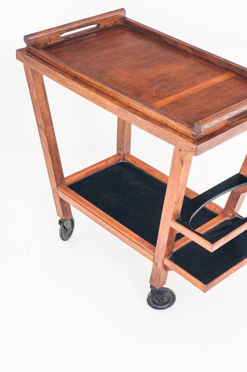Vintage oak bar cart with removable tray. France 1950s.