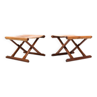 Pair of  Danish Folding Stools in Teak and Leather 1960s