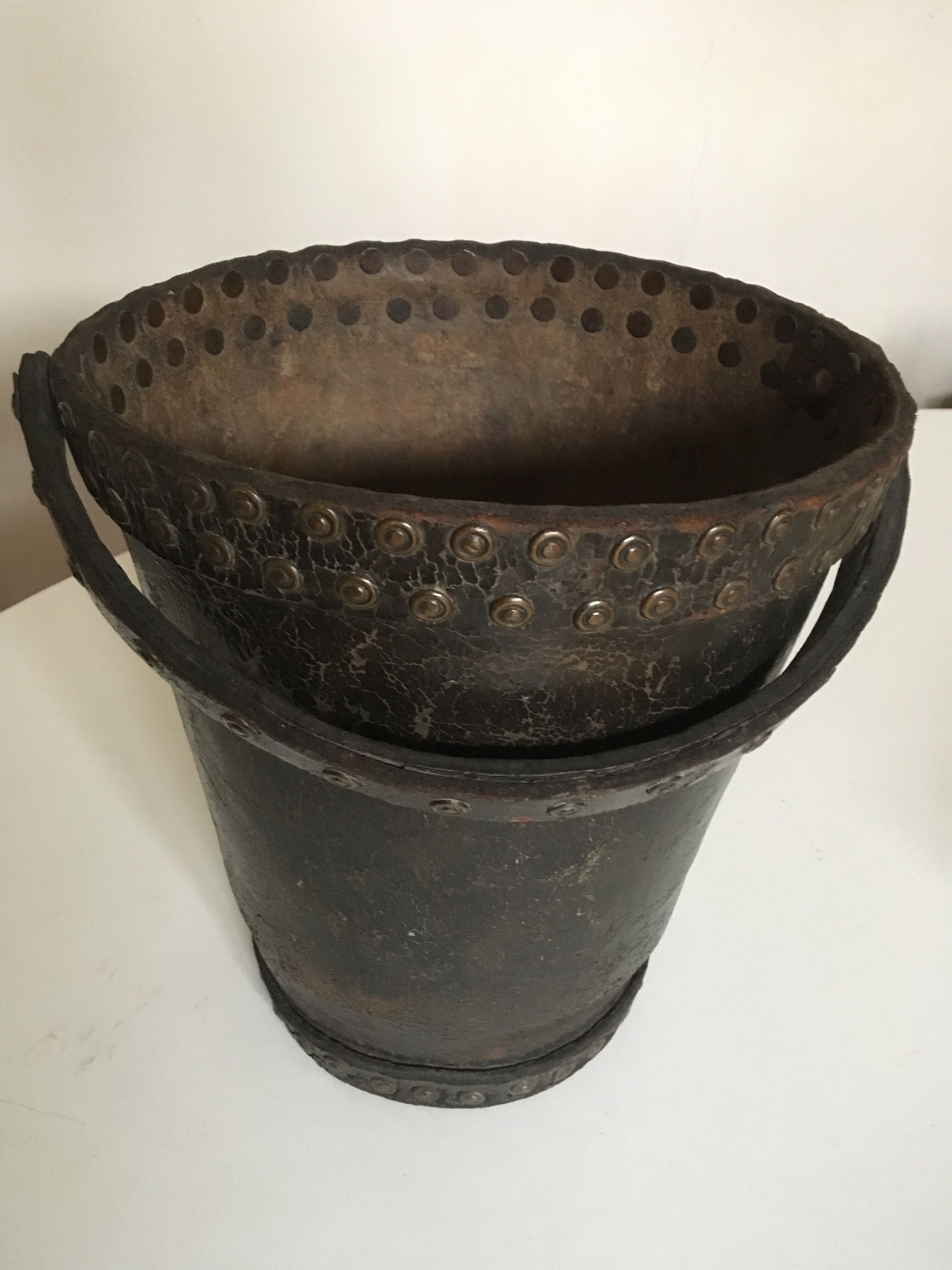 Brutalist studded leather wastepaper basket bucket 1920
