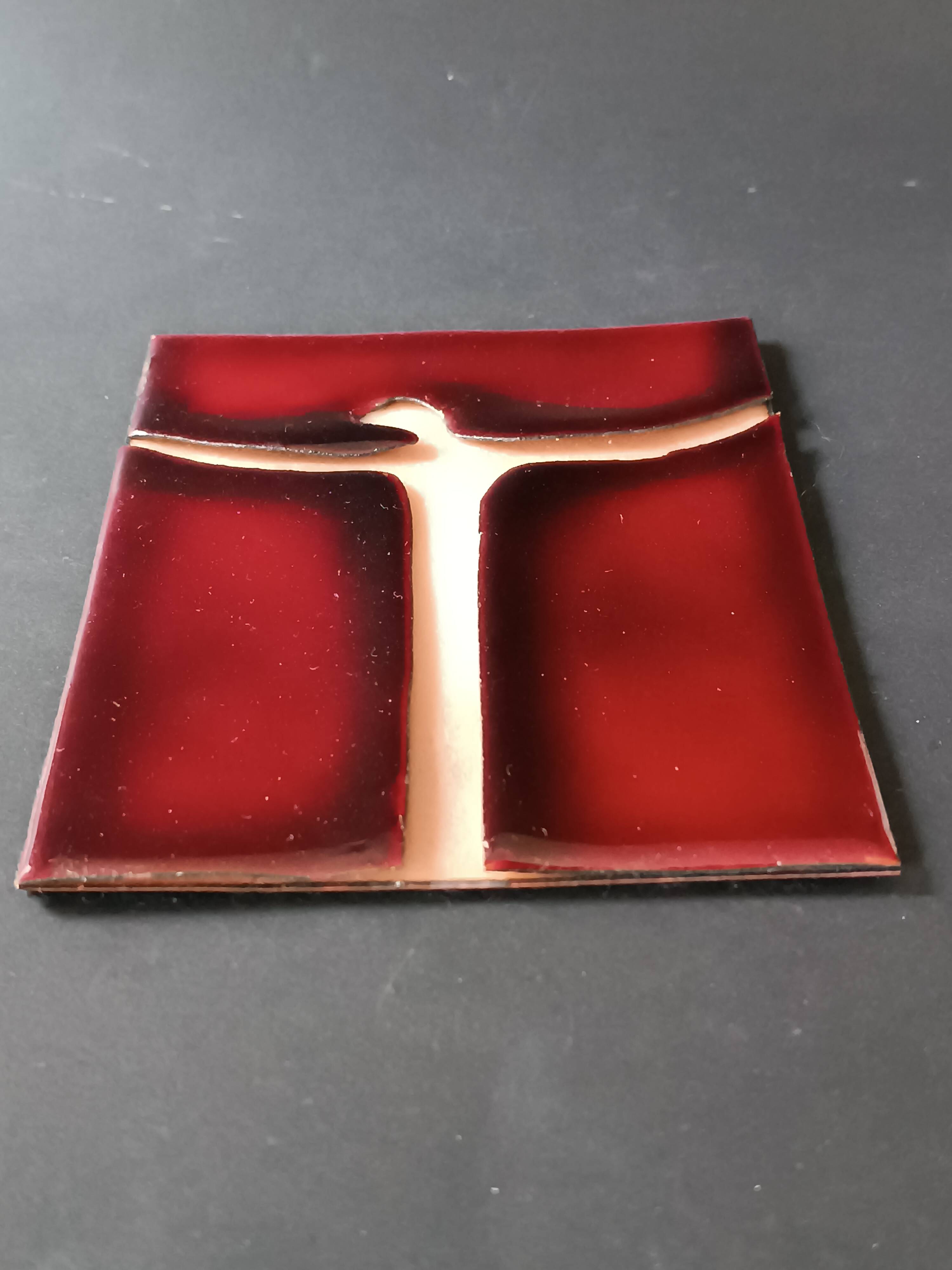 Vintage red and gold enamel wall cross on copper, Atelier Chehab