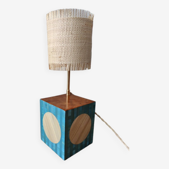 Lamp in straw marquetry and ash burl