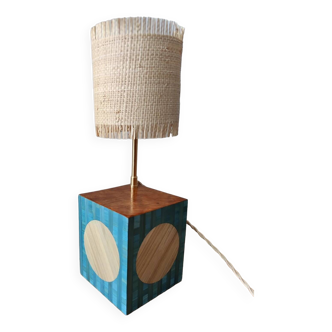 Lamp in straw marquetry and ash burl