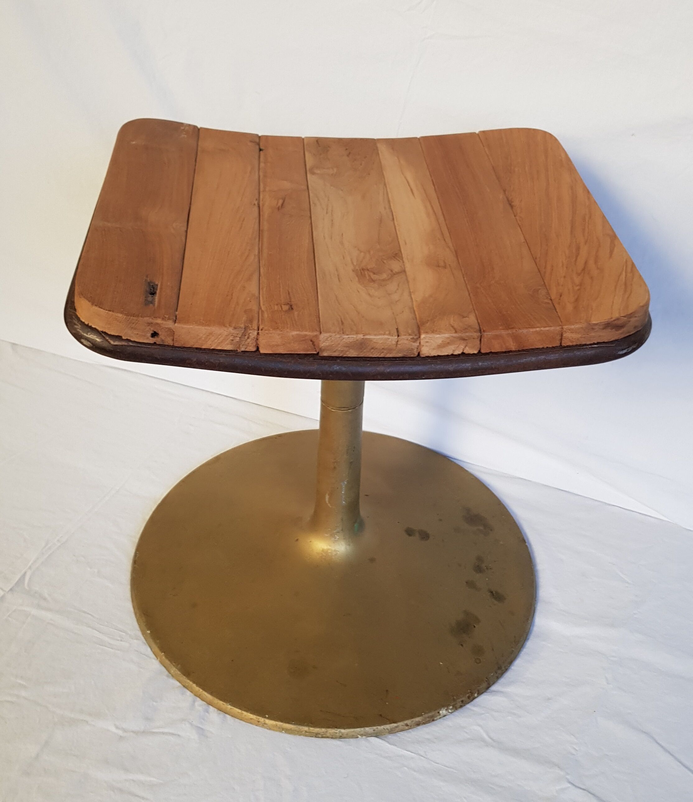 Old vintage rotary stool in gilded metal and seat in teak