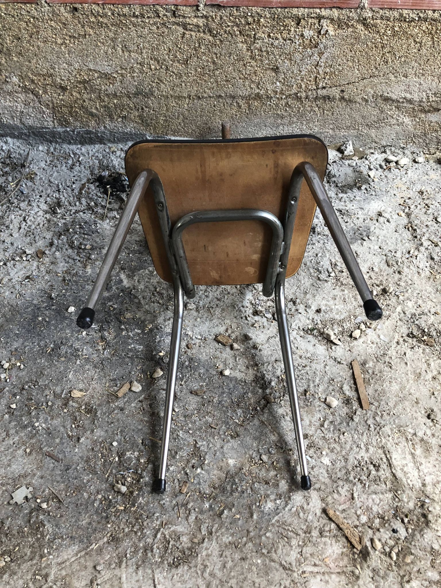 Old chair kitchen formica brown wood + feet compass metal chrome vintage