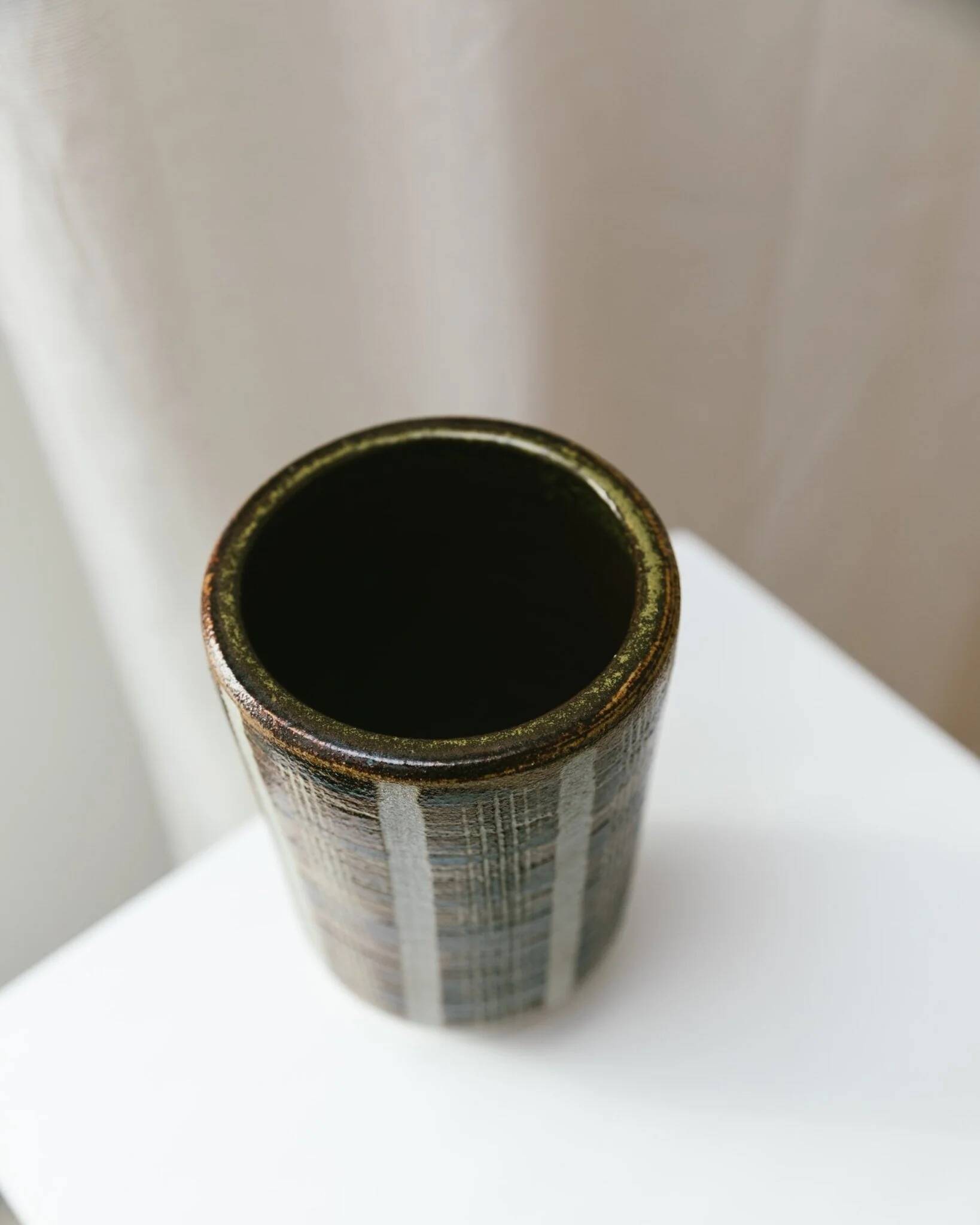 Brown Beige Ceramic Vase - Mid-Century Studio Vase, 1960s, Crosshatch Texture