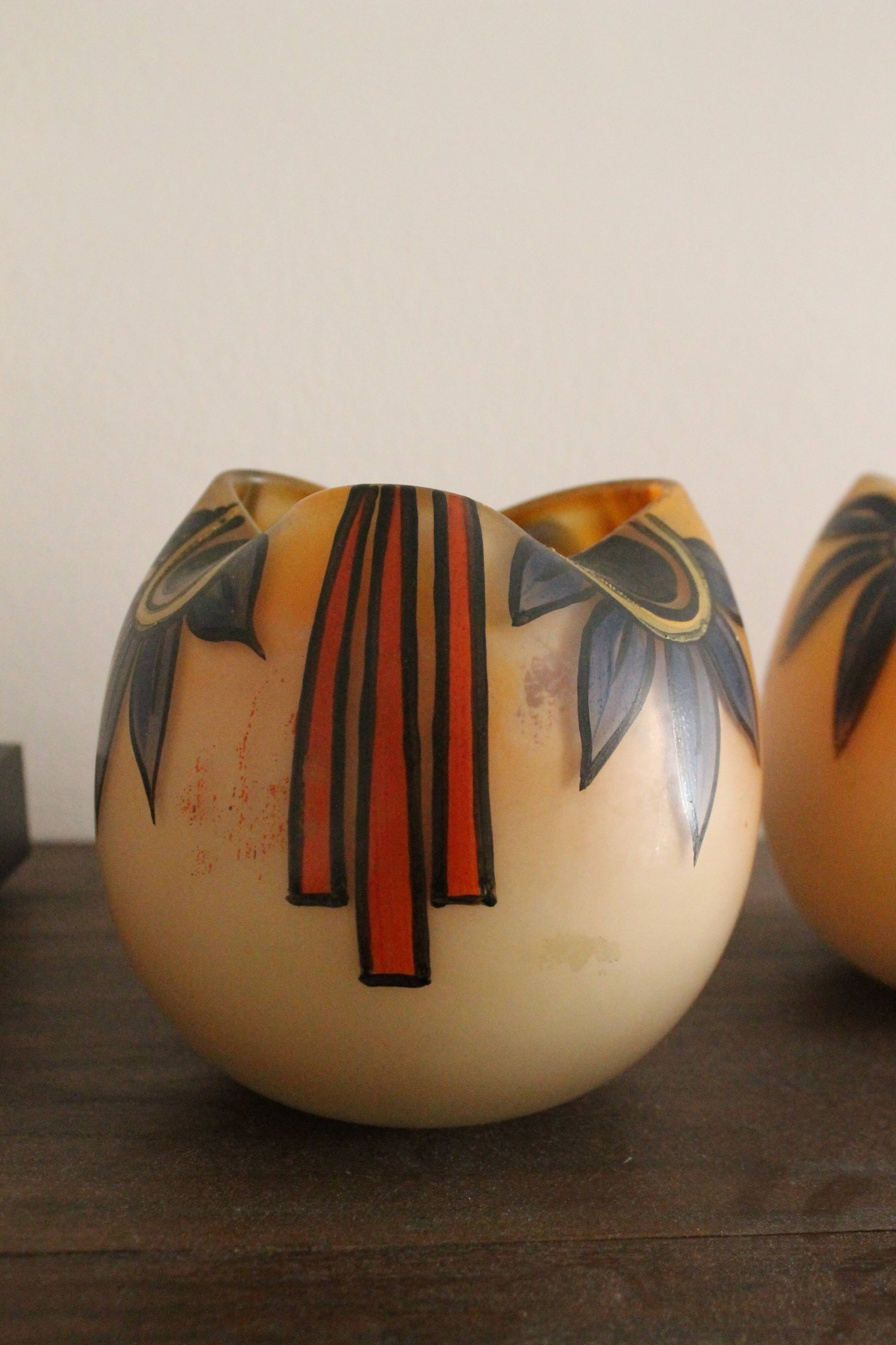 Pair of Legras Art Deco ball vases with orange tree decoration