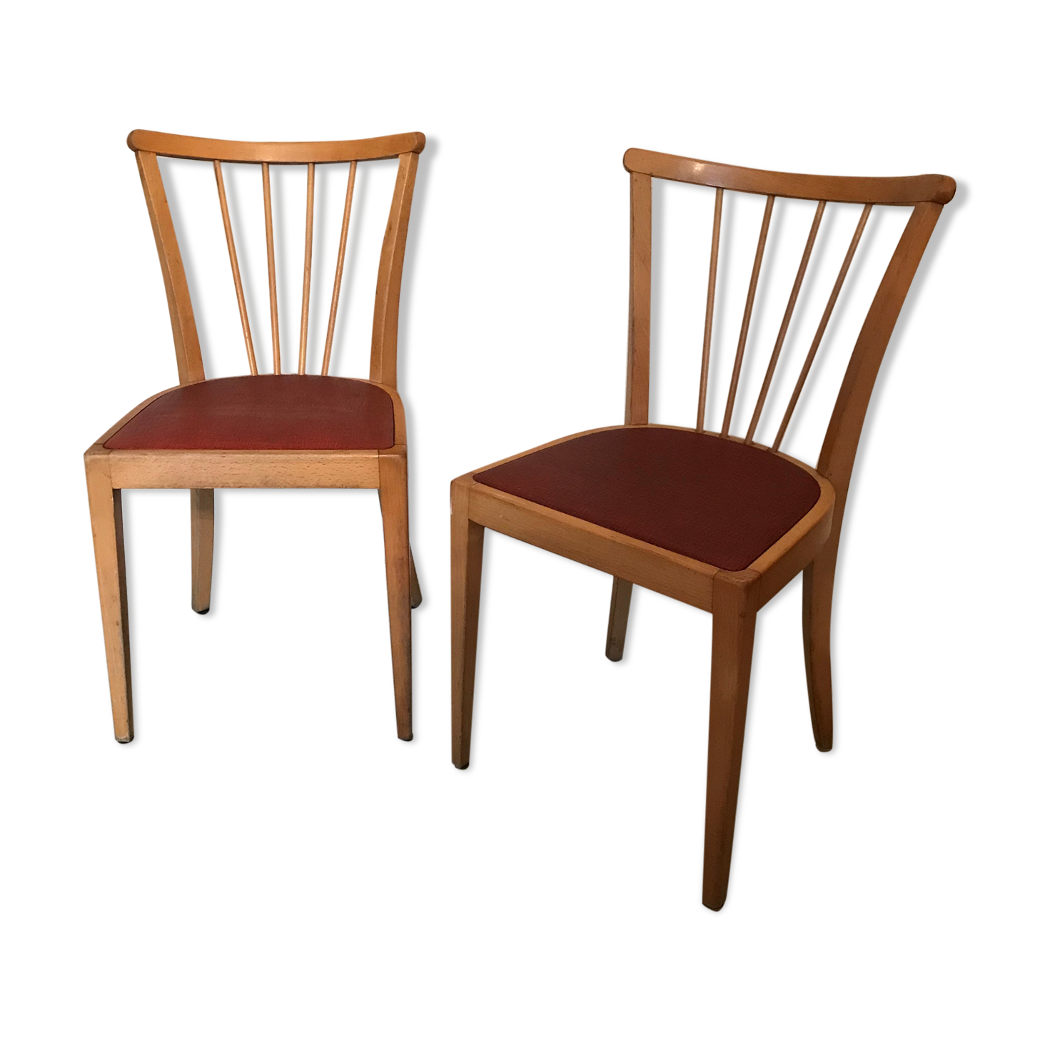 Pair of vintage bistro chairs 1960's blond wood and skaï