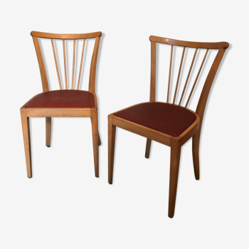 Pair of vintage bistro chairs 1960's blond wood and skaï