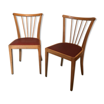 Pair of vintage bistro chairs 1960's blond wood and skaï
