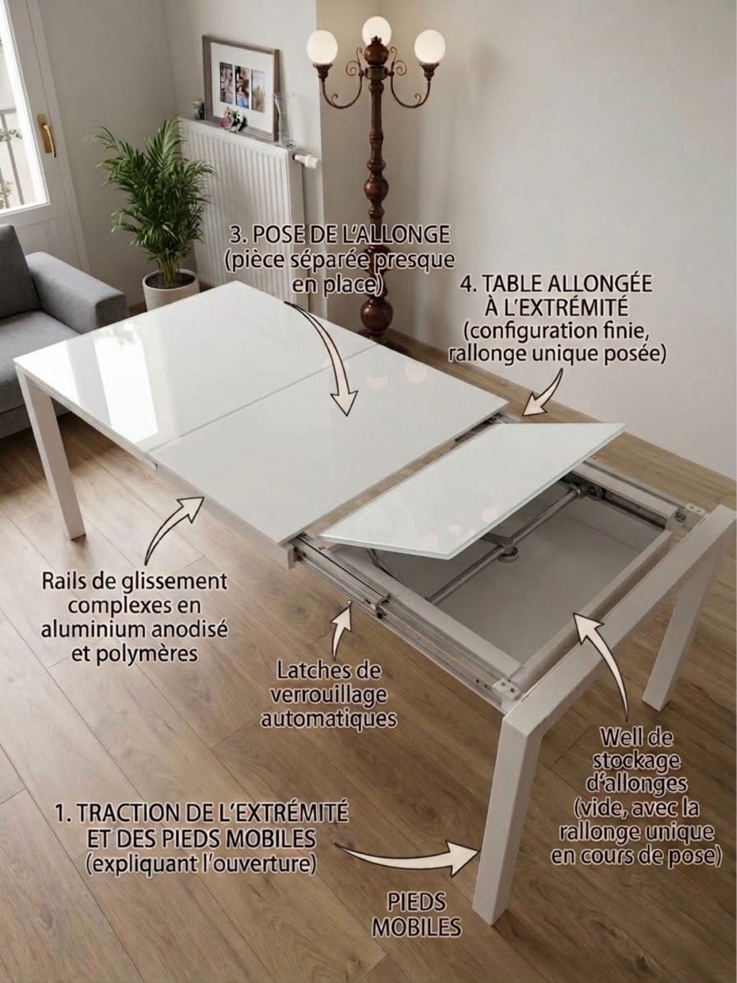Extendable dining table 'Baron' by Calligaris, glass and metal