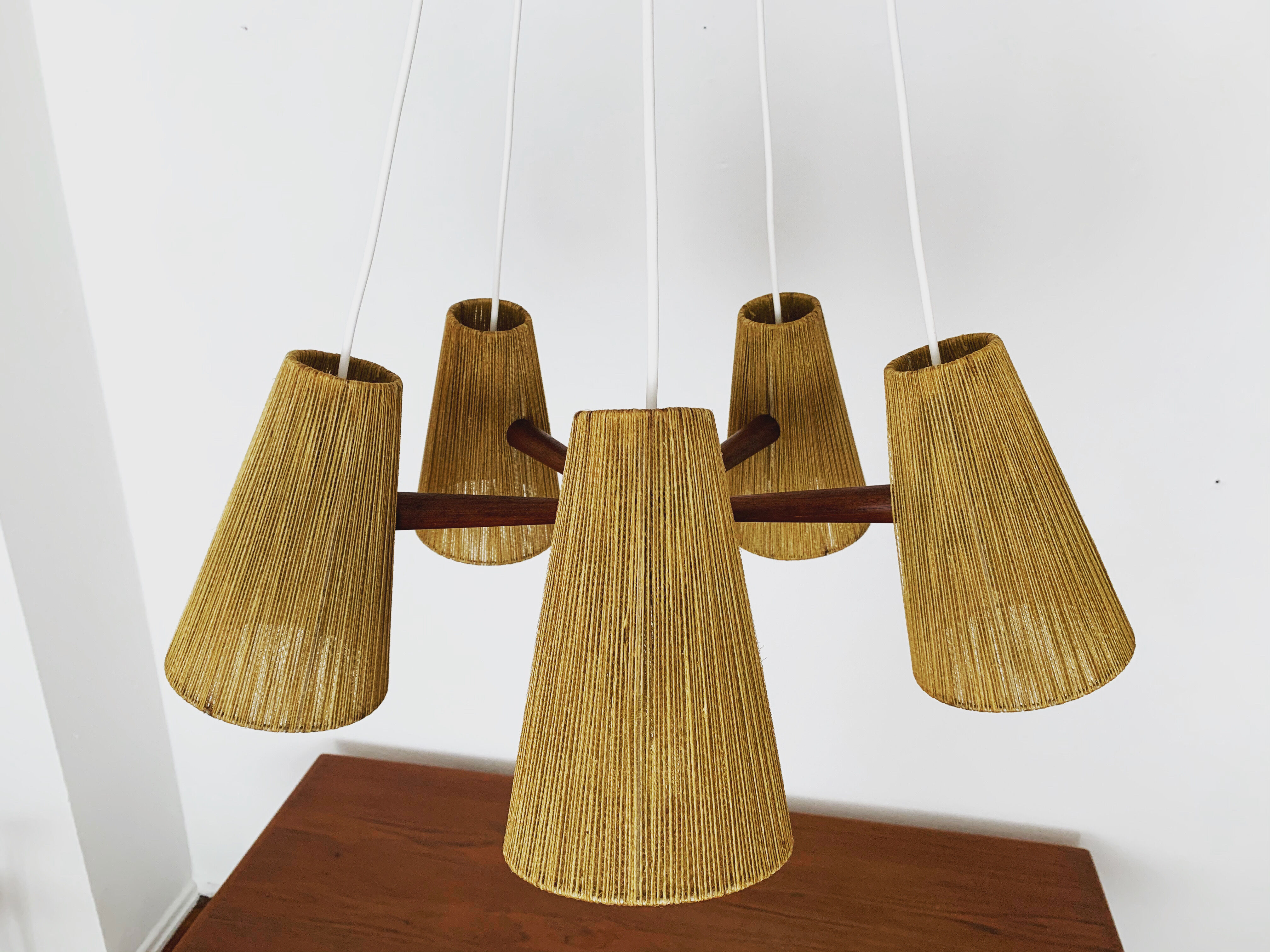 Teakwood and raffia bast chandelier by Temde