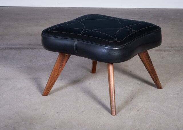 Mid-Century Teak Stool with Black Leather Seat, Denmark, 1960s