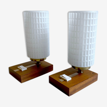 Pair of vintage Scandinavian table lamps, teak and glass, 60s