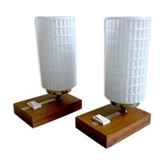 Pair of vintage Scandinavian table lamps, teak and glass, 60s