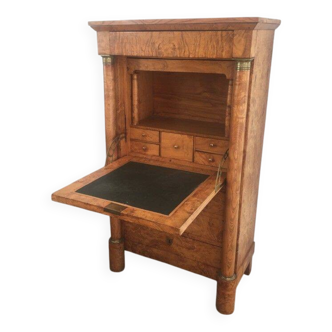 Empire-style secretary desk in burr walnut with detached columns, drop-front, and secret drawer