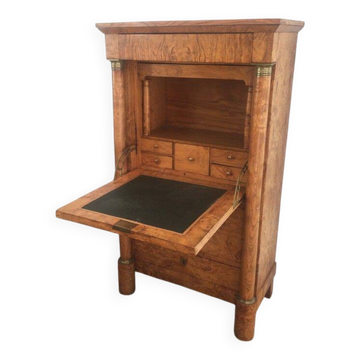 Empire-style secretary desk in burr walnut with detached columns, drop-front, and secret drawer