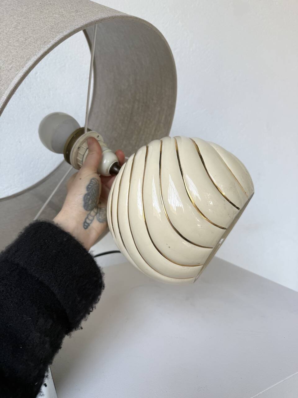 Barbi Ivory and Gold Ceramic Spherical Table Lamp