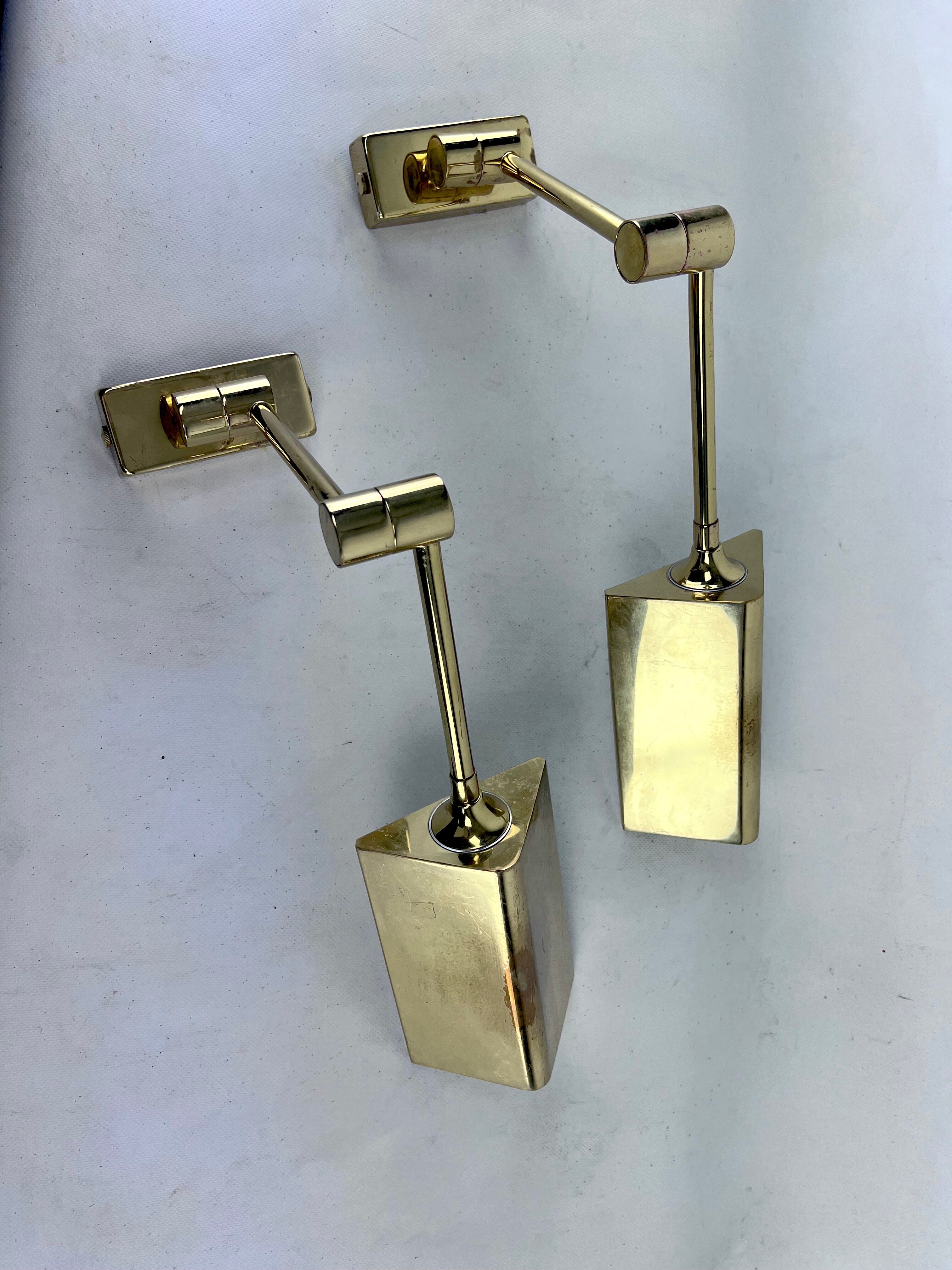Postmodern pair of articulated brass wall lamps by Baulmann Leuchten. Germany 1980s