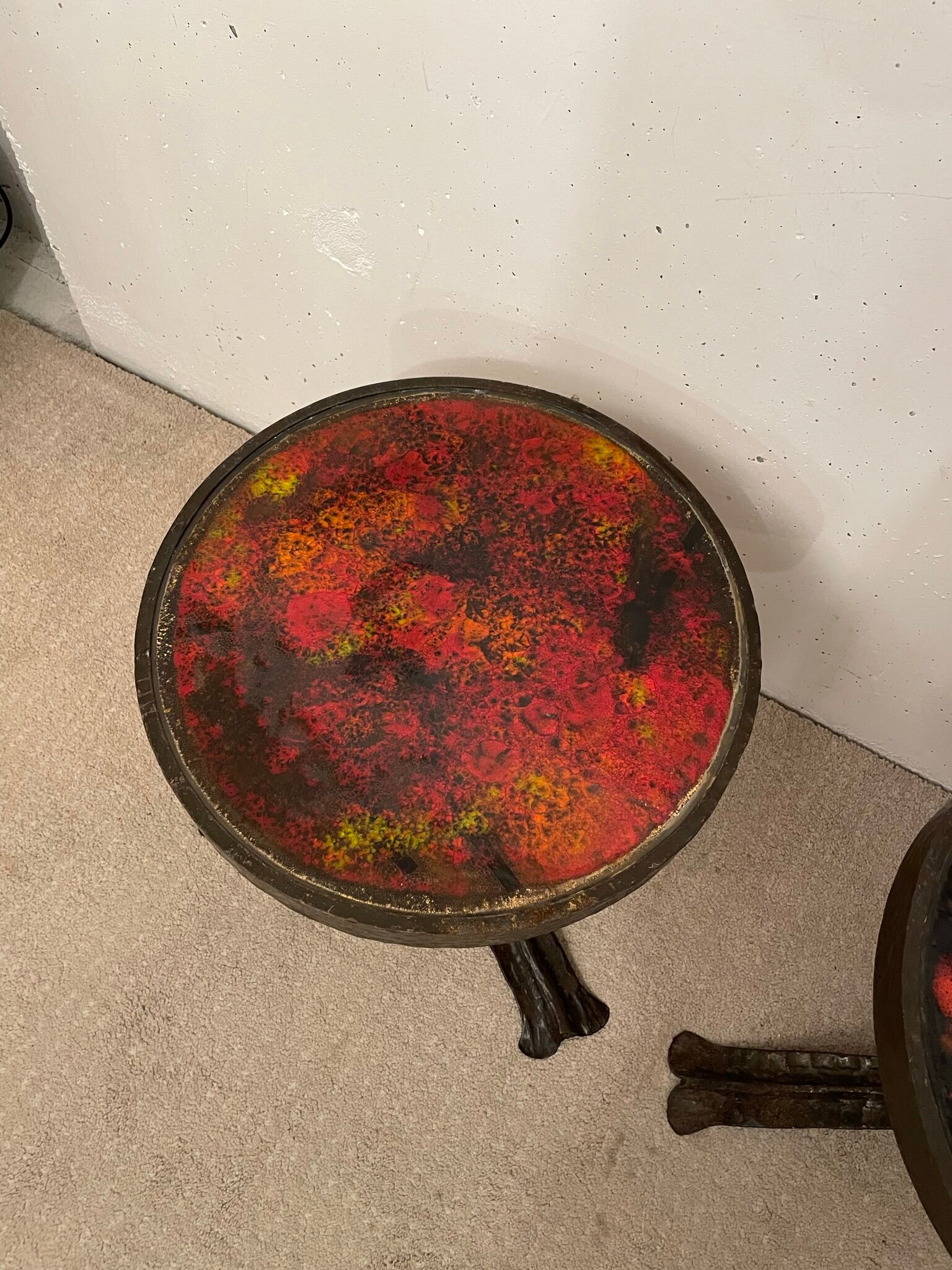 Pair of brutalist side tables, steel and ceramic, 1970