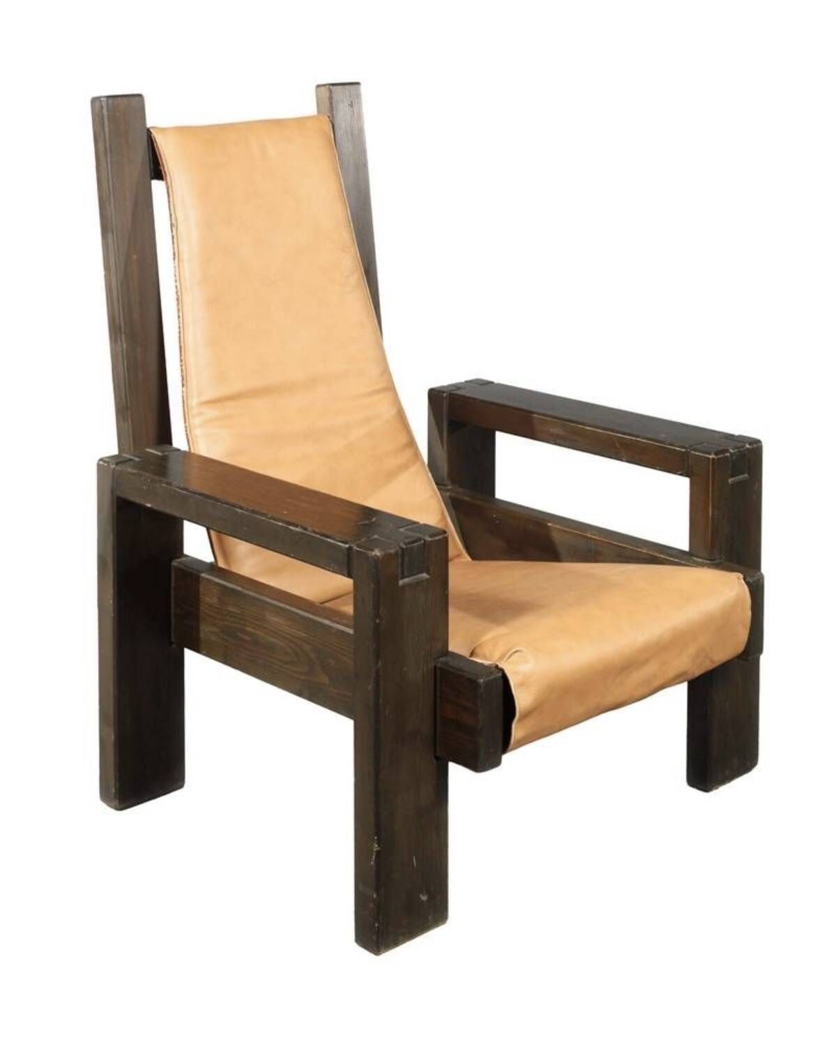 Brutalist Design Armchair Wood and Leather Vintage 1970s