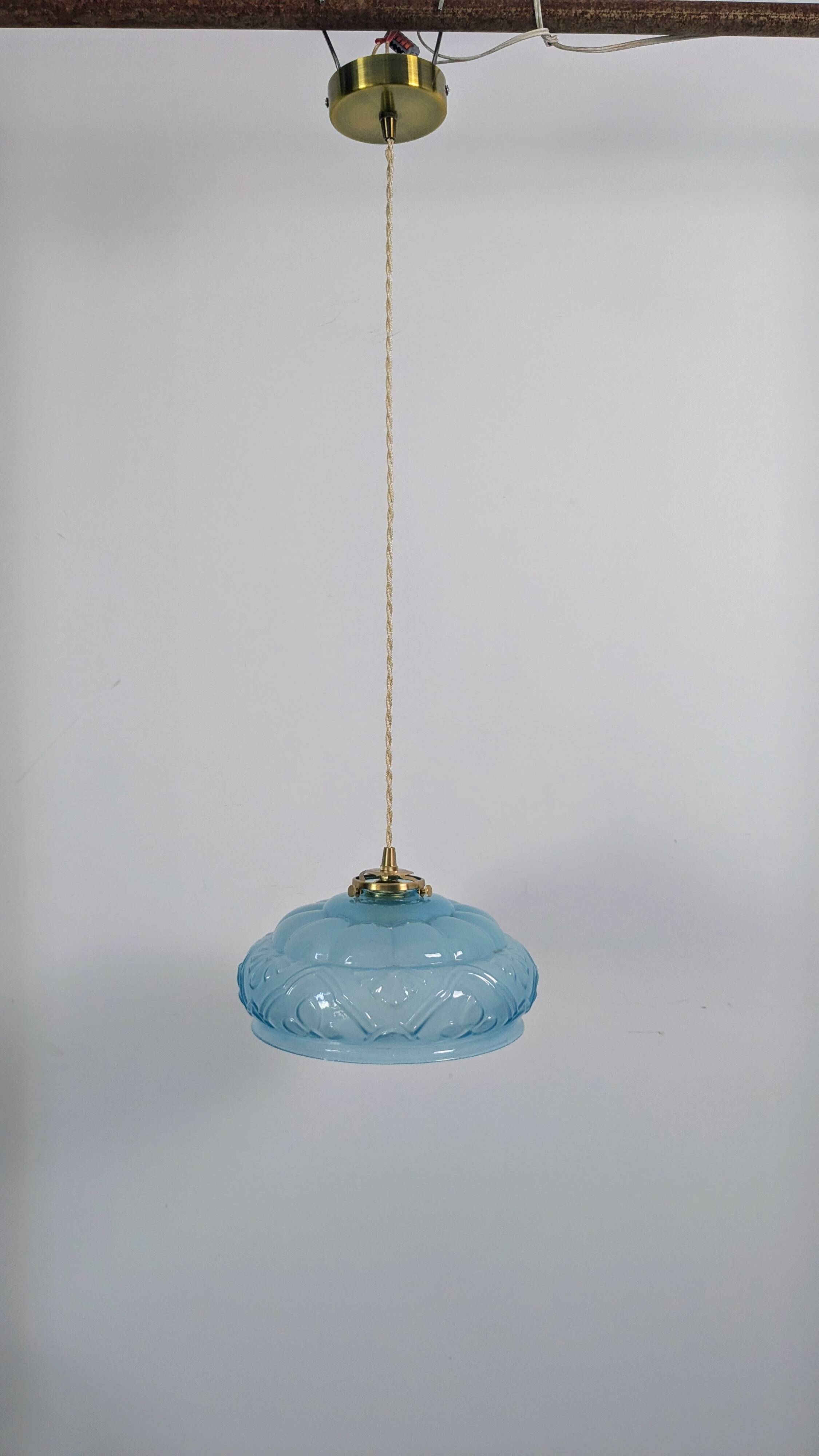 Art Deco pendant light in blue glass and brass
