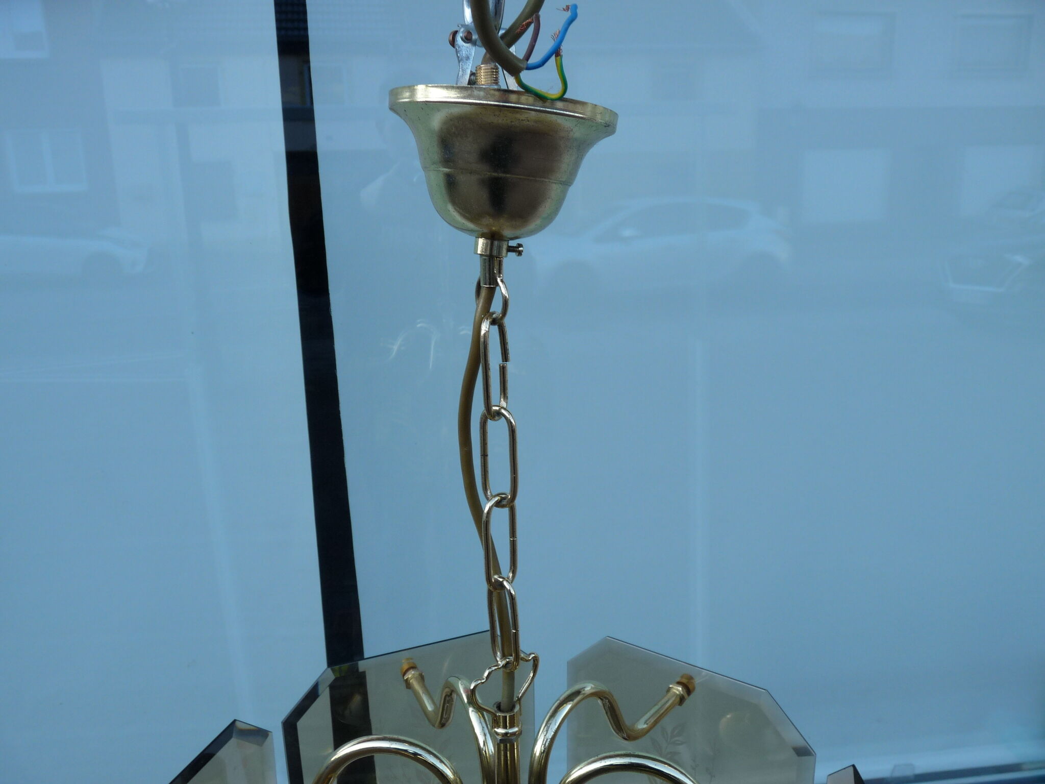 Golden chandelier 6 bevelled smoky glass lights