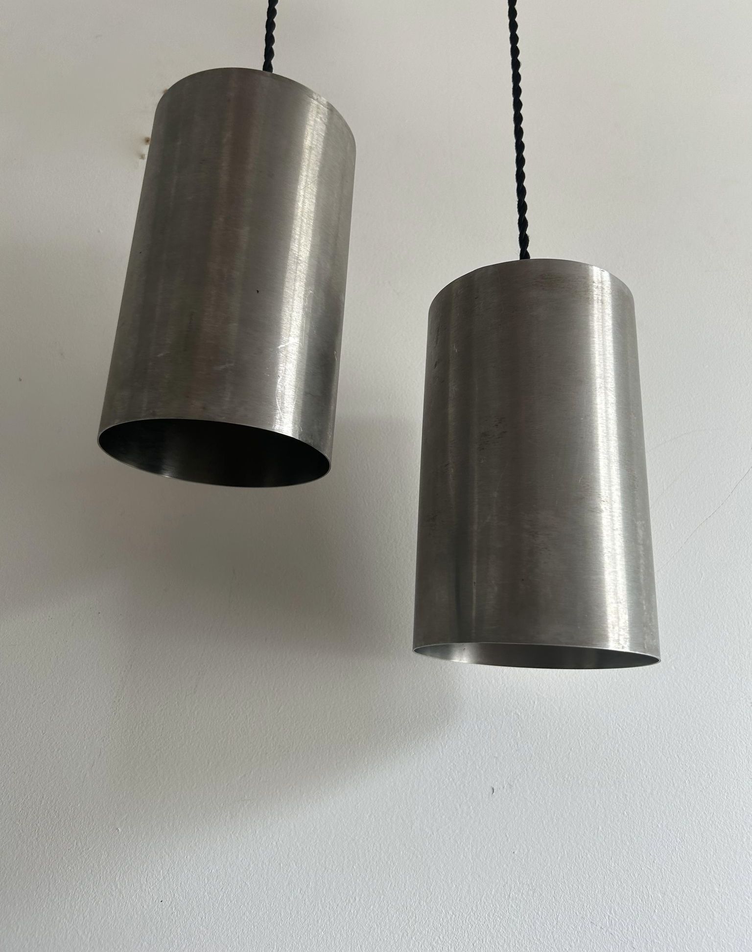 Pair of vintage brushed metal pendant lamps, France 1960