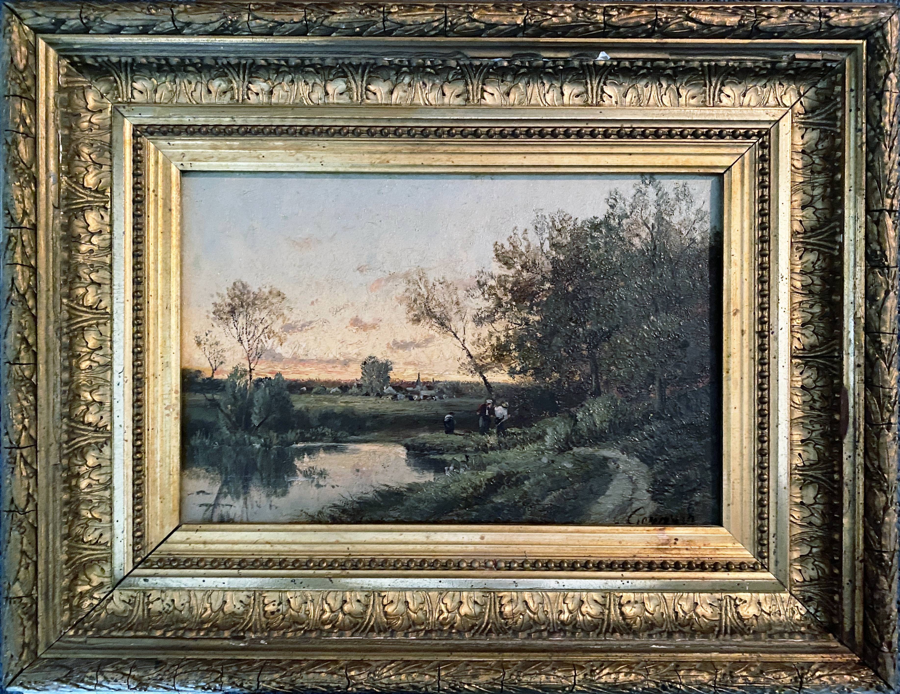 Impressionist painting "Animated twilight landscape" 19th century signed Barbizon