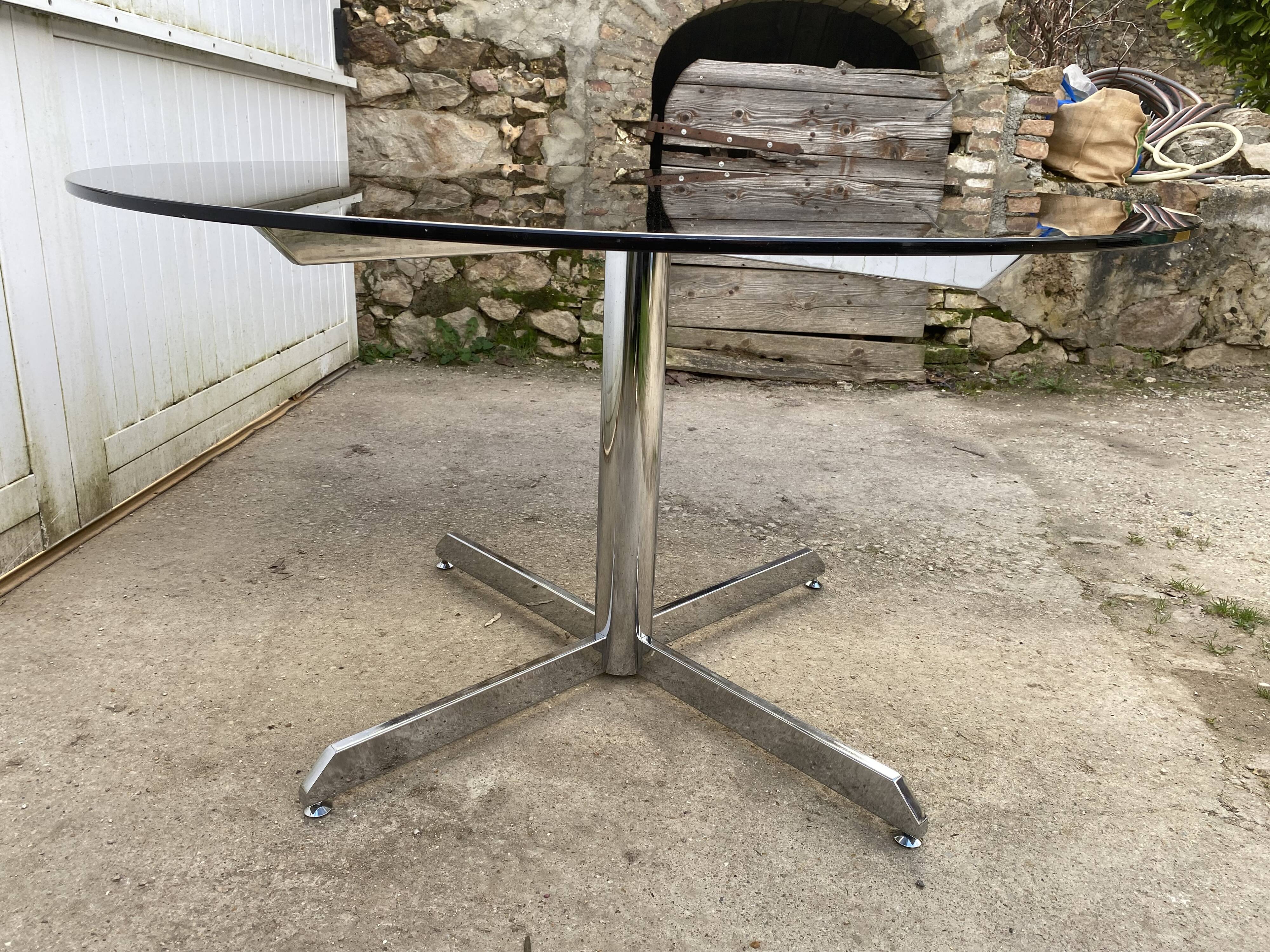 Smoked glass round table chrome Florence Knoll Roche Bobois an70