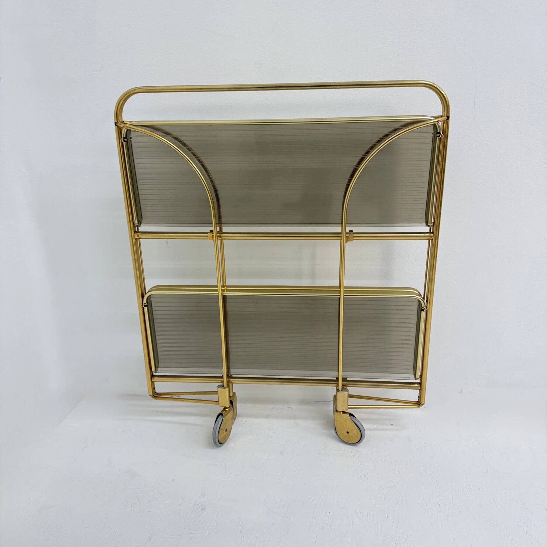 Mid-century modern folding bar cart in brass and ribbed acrylic glass, 1970s