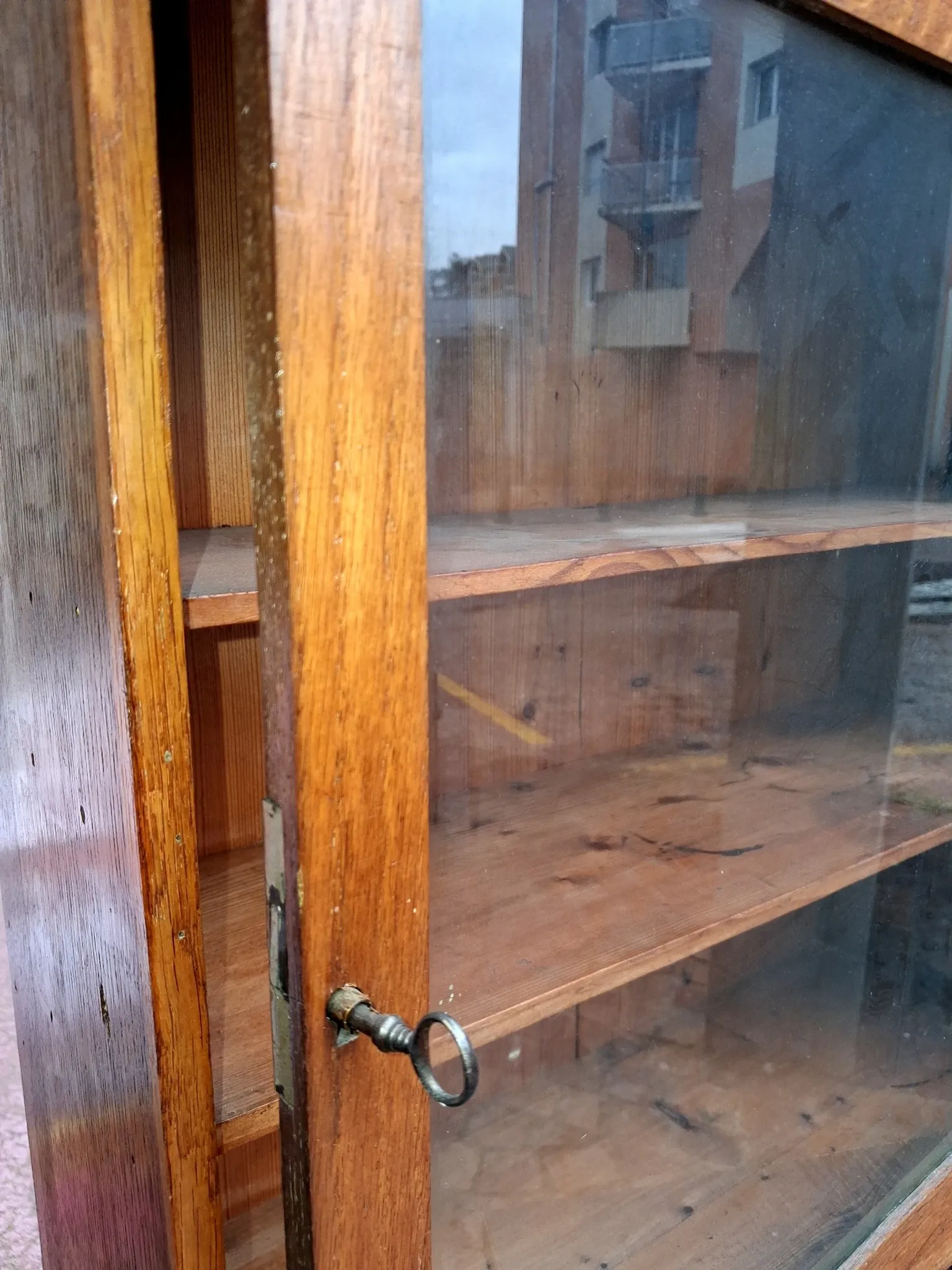 Vintage wooden wall display cabinet, chalet country design.