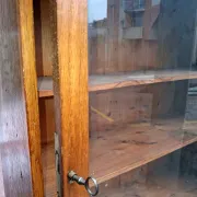 Vintage wooden wall display cabinet, chalet country design.