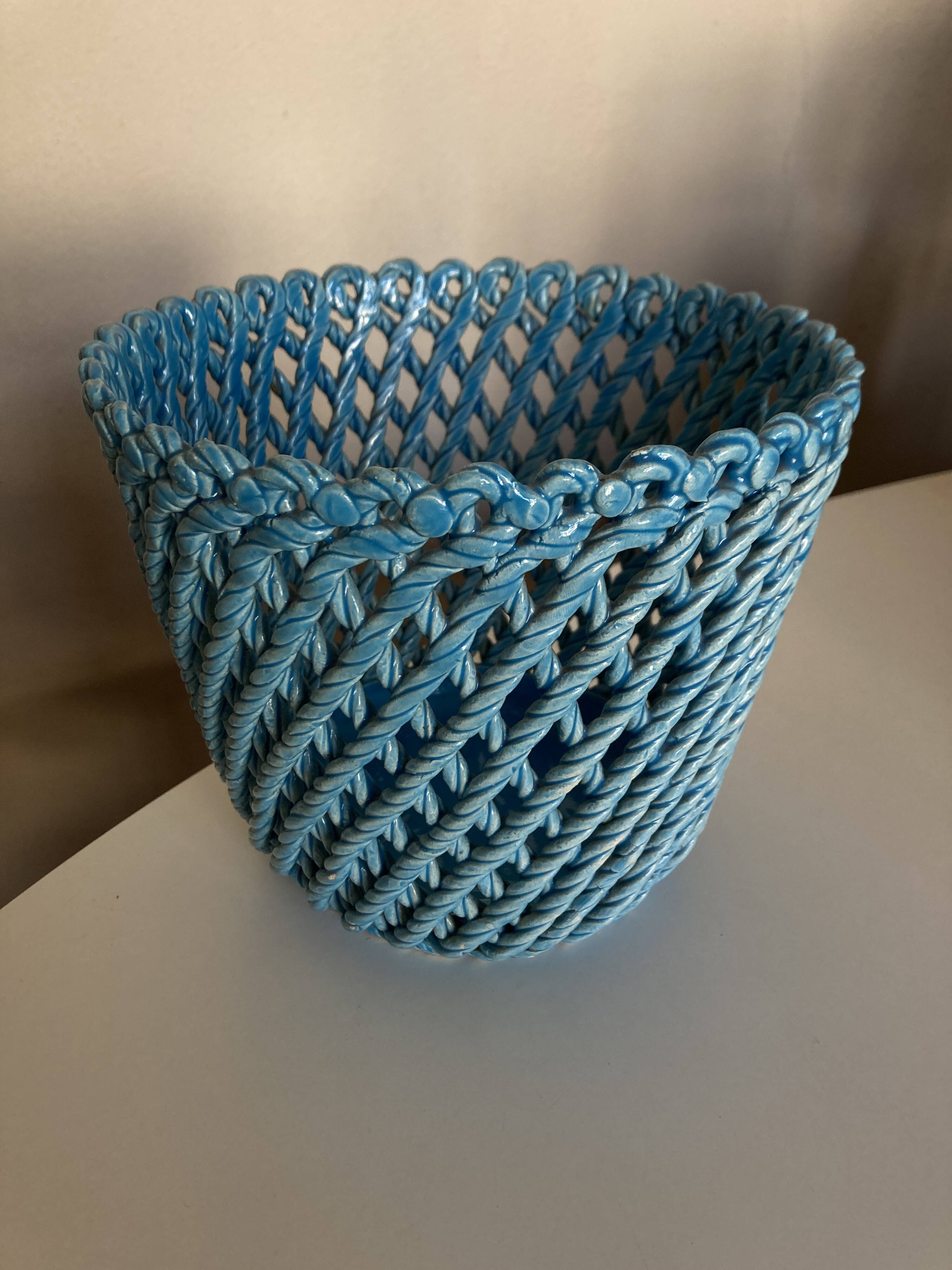 Turquoise woven ceramic cachepot, Italian work, 1960s