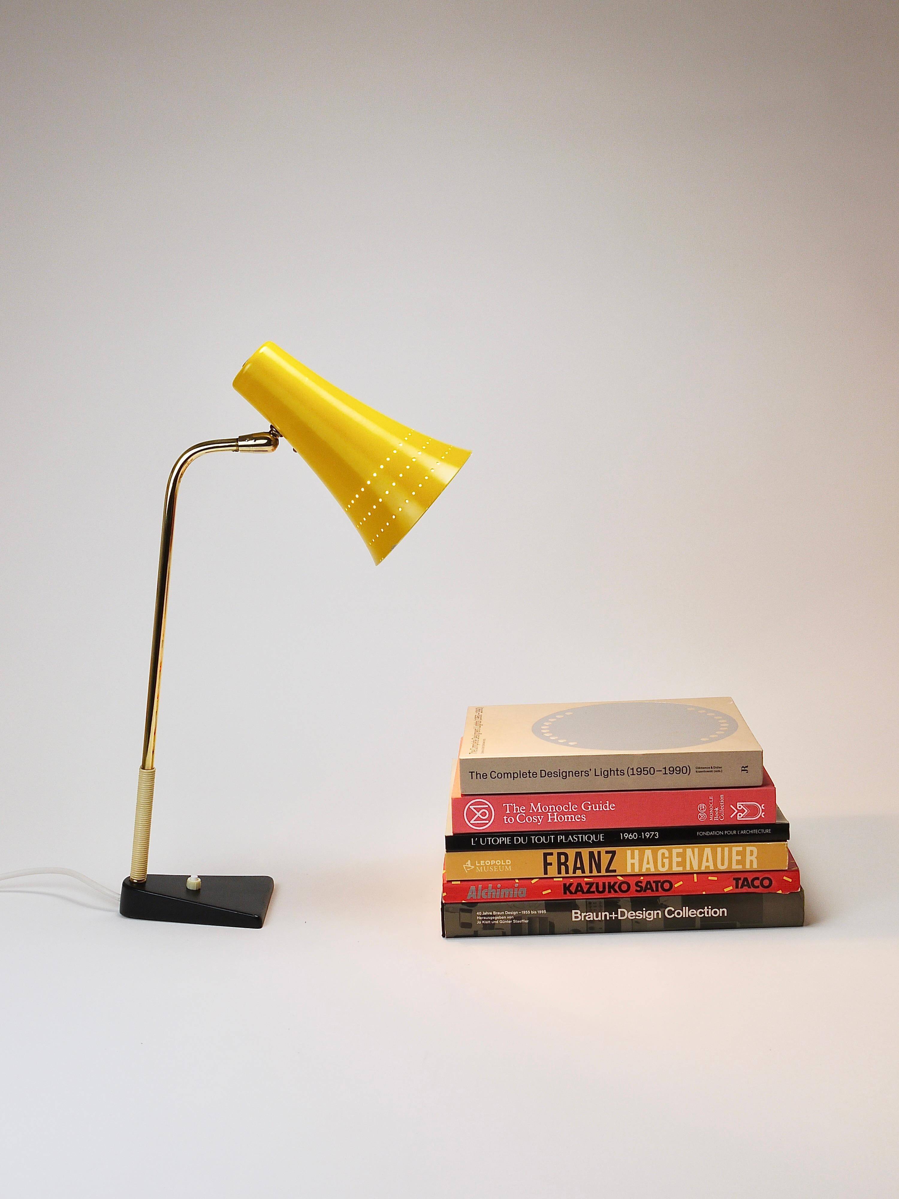 Yellow desk, table or accent lamp by J.T. Kalmar, brass and iron, Vienna, Austria, 1950s.