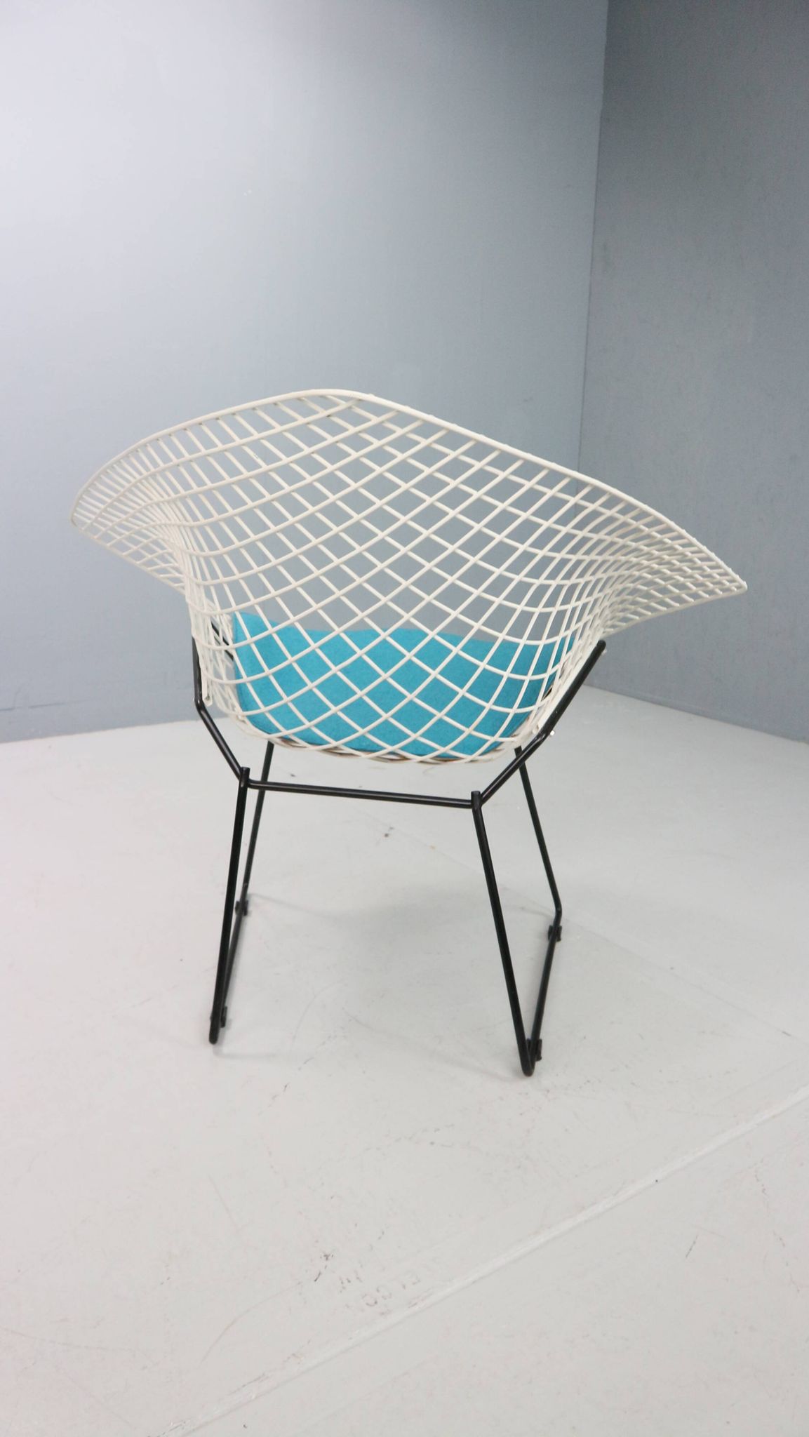 Diamond chair by Harry Bertoia in white & black metal and new blue seating