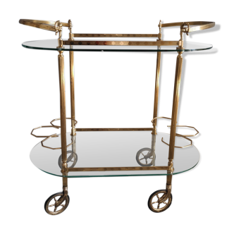 Desserte bar 2 plateaux verre et structure en laiton