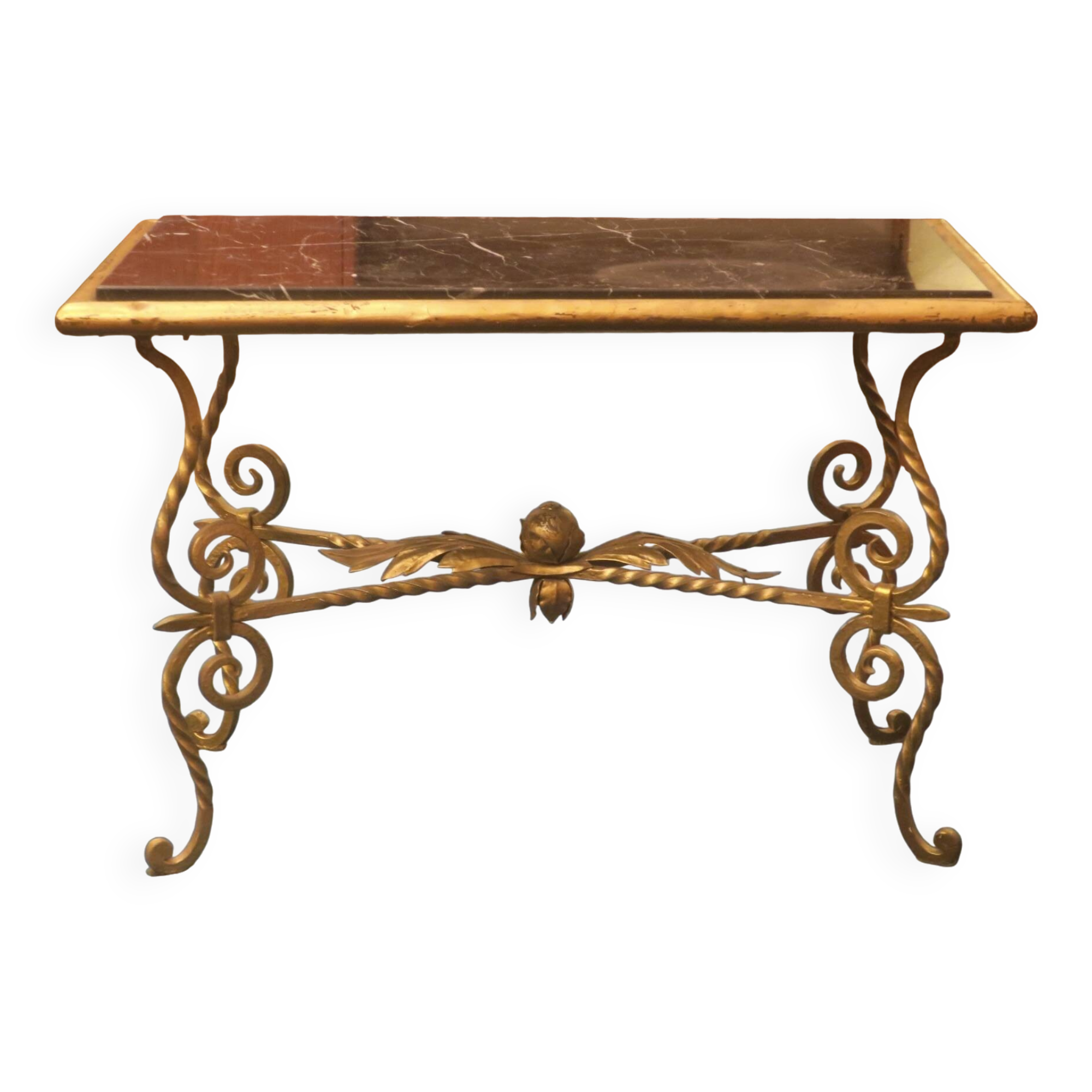 Table basse en fer forgé, plateau en marbre veiné, 1940-1950