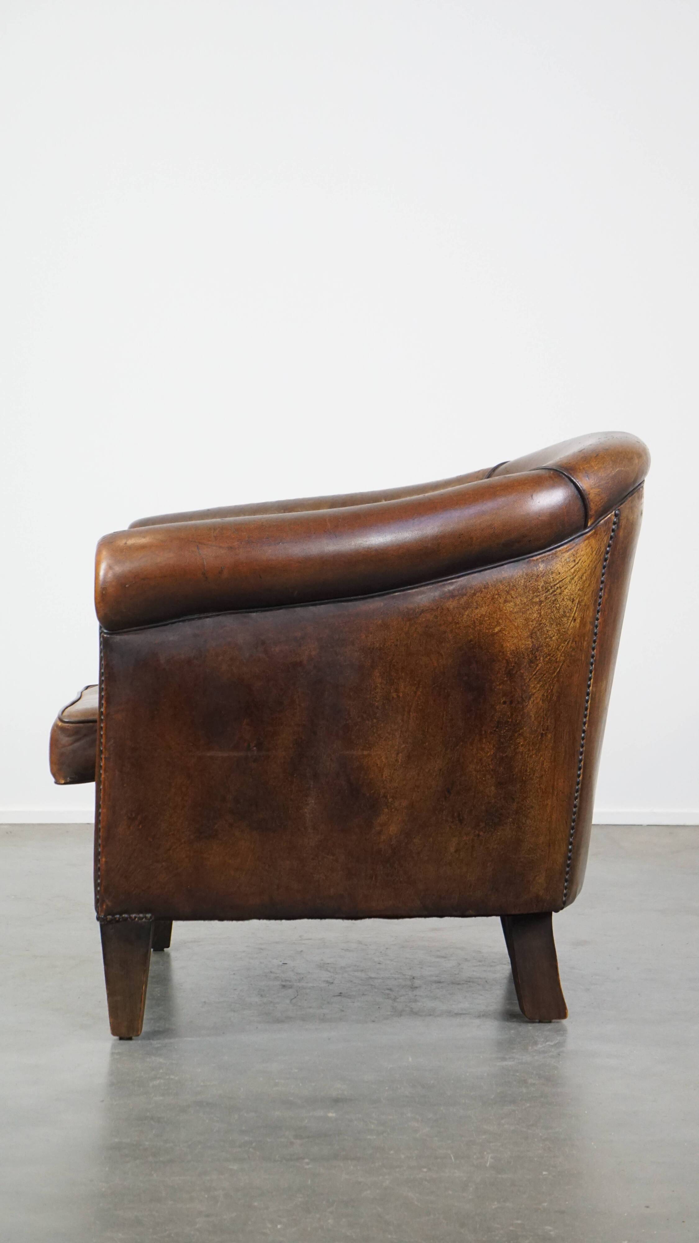 Cognac-Colored Vintage Sheepskin Leather Club Armchair
