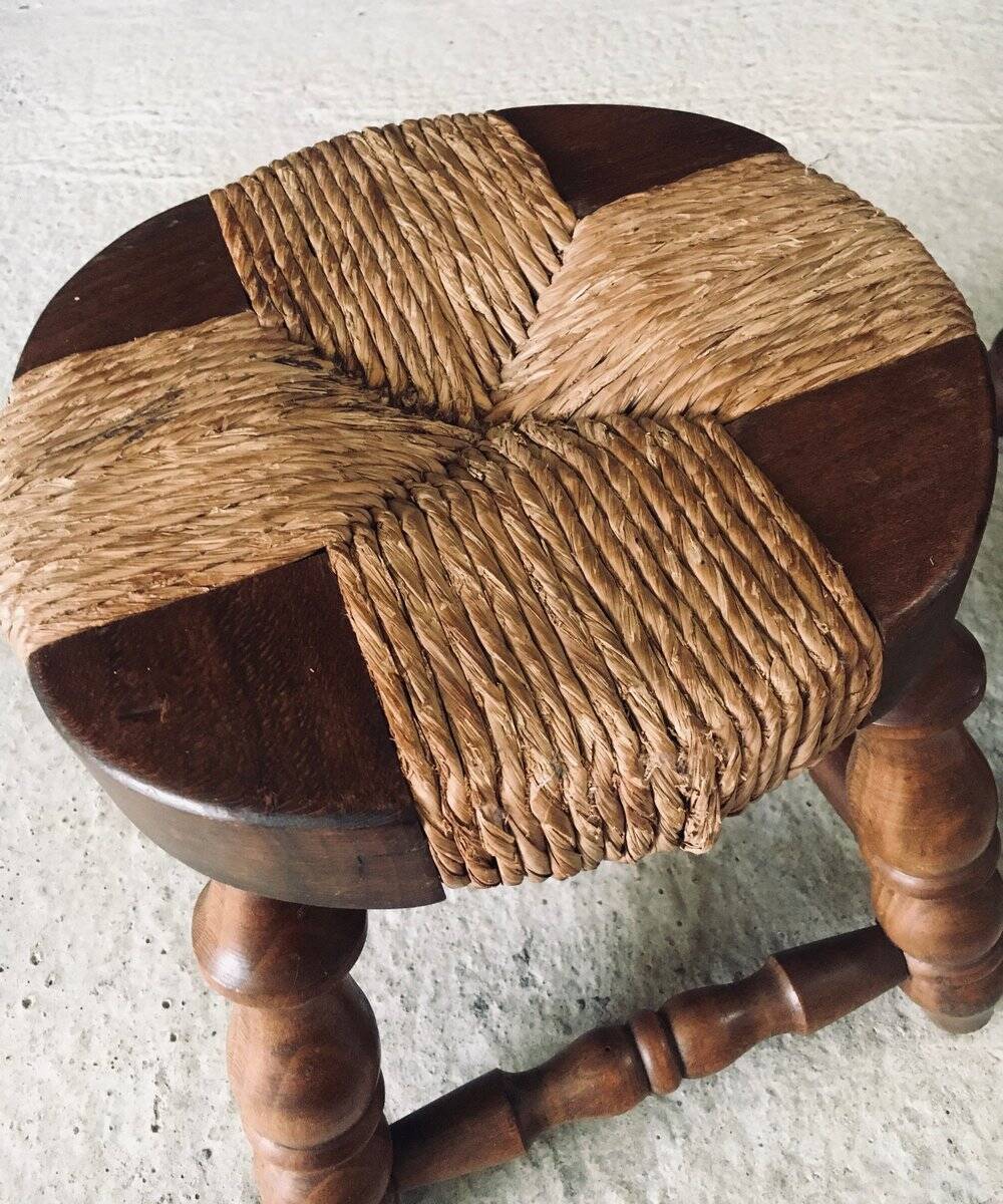 Rustic Low Oak and Rush Stools in the style of Charles Dudouyt, France, 1940s, Set of 2