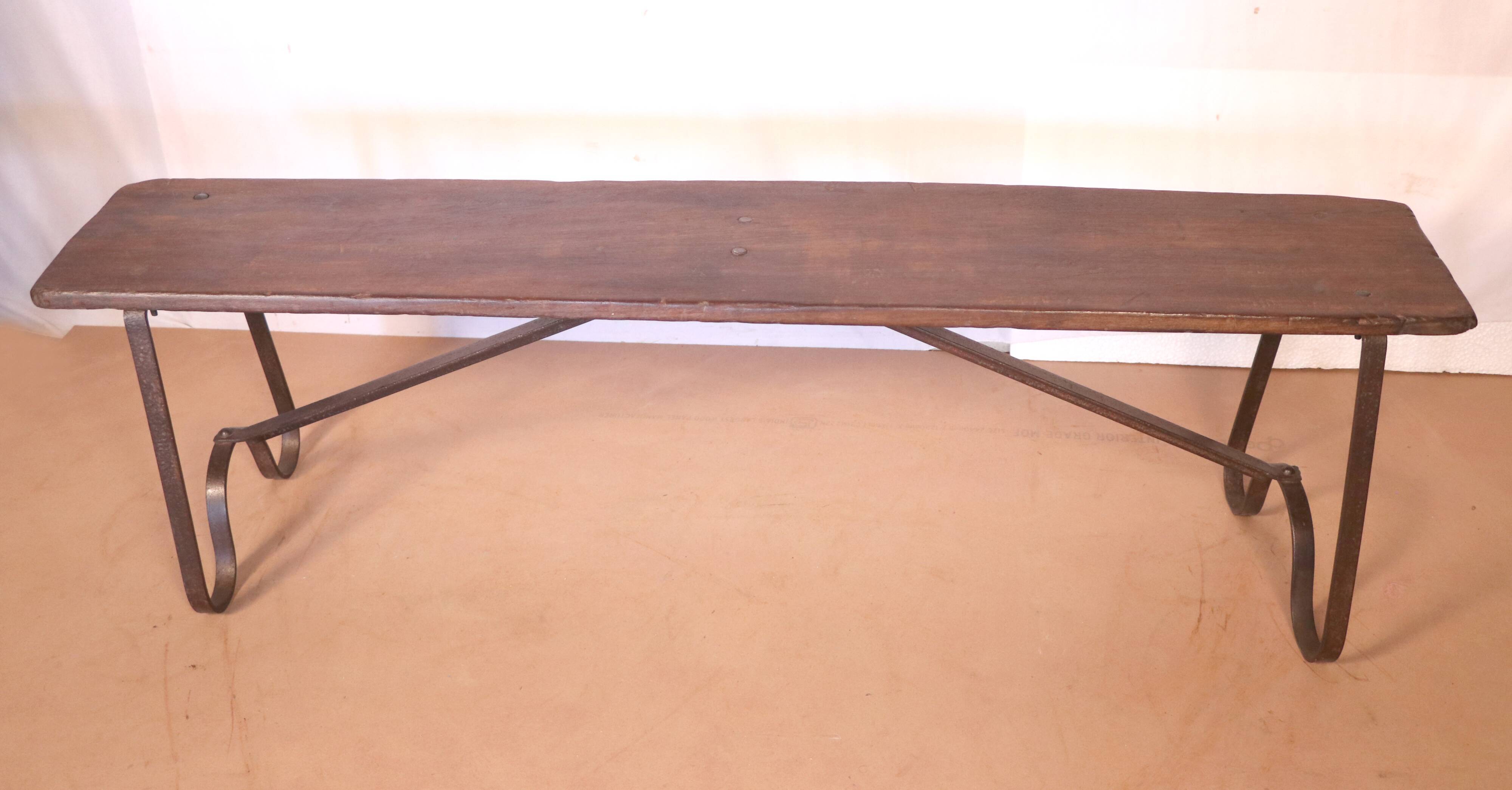 Old burmese teak bench and wrought iron base