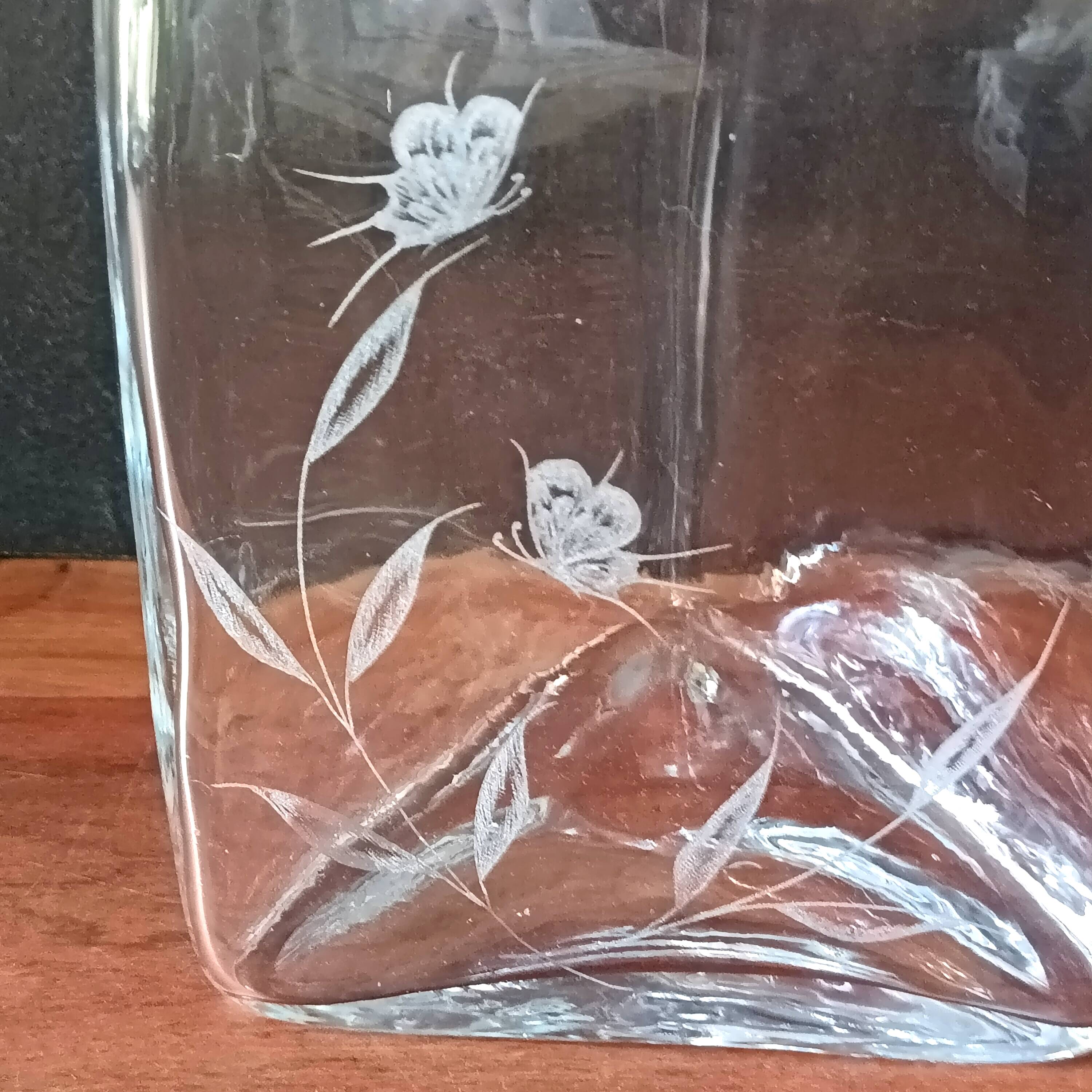 Large vintage crystal triangular transparent vase