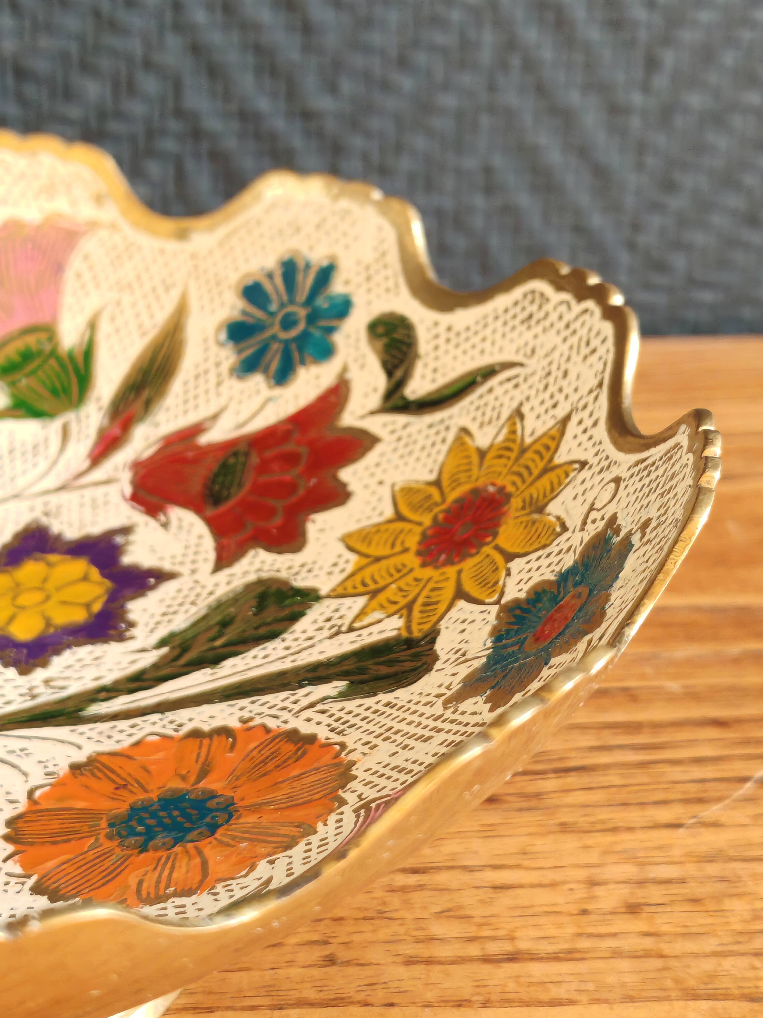 Vintage Enamelled Brass Fruit Bowl – Floral Centrepiece with Edge Fe