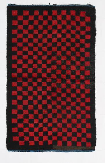 3x6 Red Black Checkered Wool Vintage Rug, 107x180Cm SK 70252