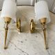 Pair of gold steel wall lamps, plexi and pleated plastic shades 60s-70s