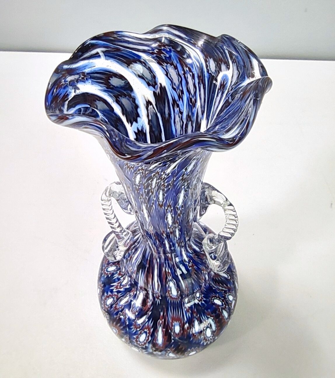 Blue murano glass vase ascribable to fratelli toso with murrines, italy