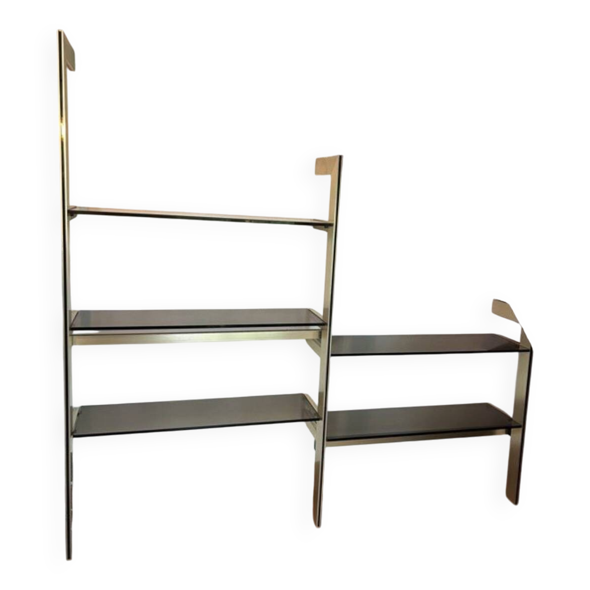 Brushed gold aluminum and smoked glass shelf from the 70s