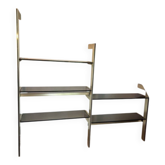 Brushed gold aluminum and smoked glass shelf from the 70s